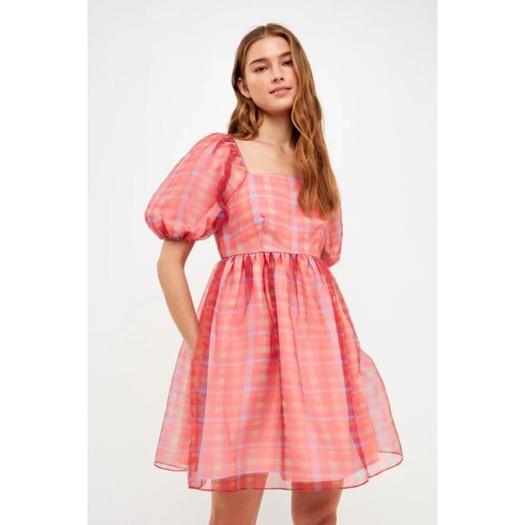 Endless Rose Size Medium Pink Puff Sleeve Organza Mini Dress Anthropologie NEW - Picture 1 of 3